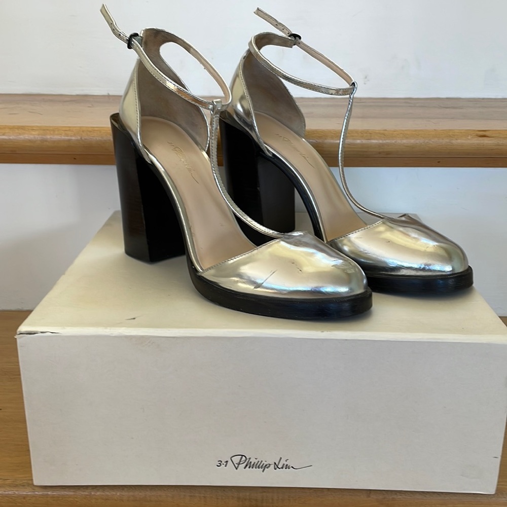 3.1 Phillip Lim high heel t-strap silver metallic shoes, size 39